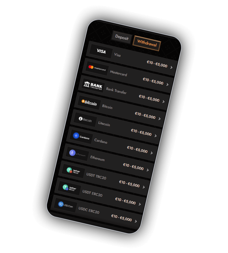 The Crusado Casino payment methods page listing twelve deposit and withdrawal routes