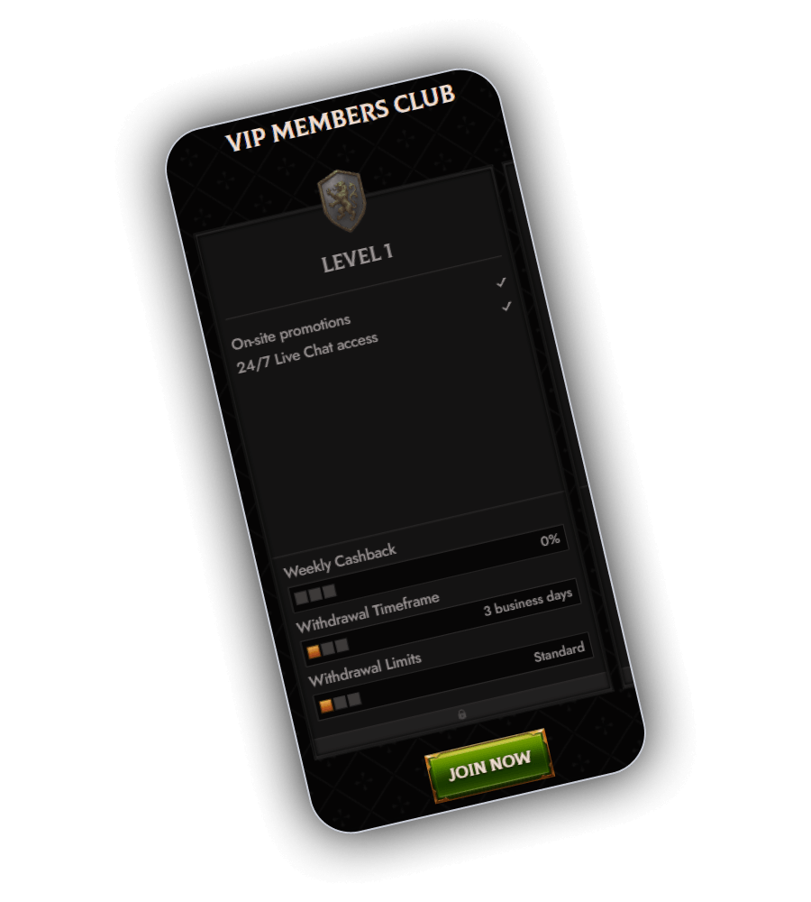 The Crusado Casino VIP club screen with the five level cashback ladder in view